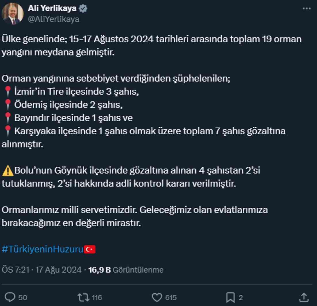 Orman yangınlarıyla ilgili gözaltına alınan 11 kişiden 2'si tutuklanarak cezaevine gönderildi