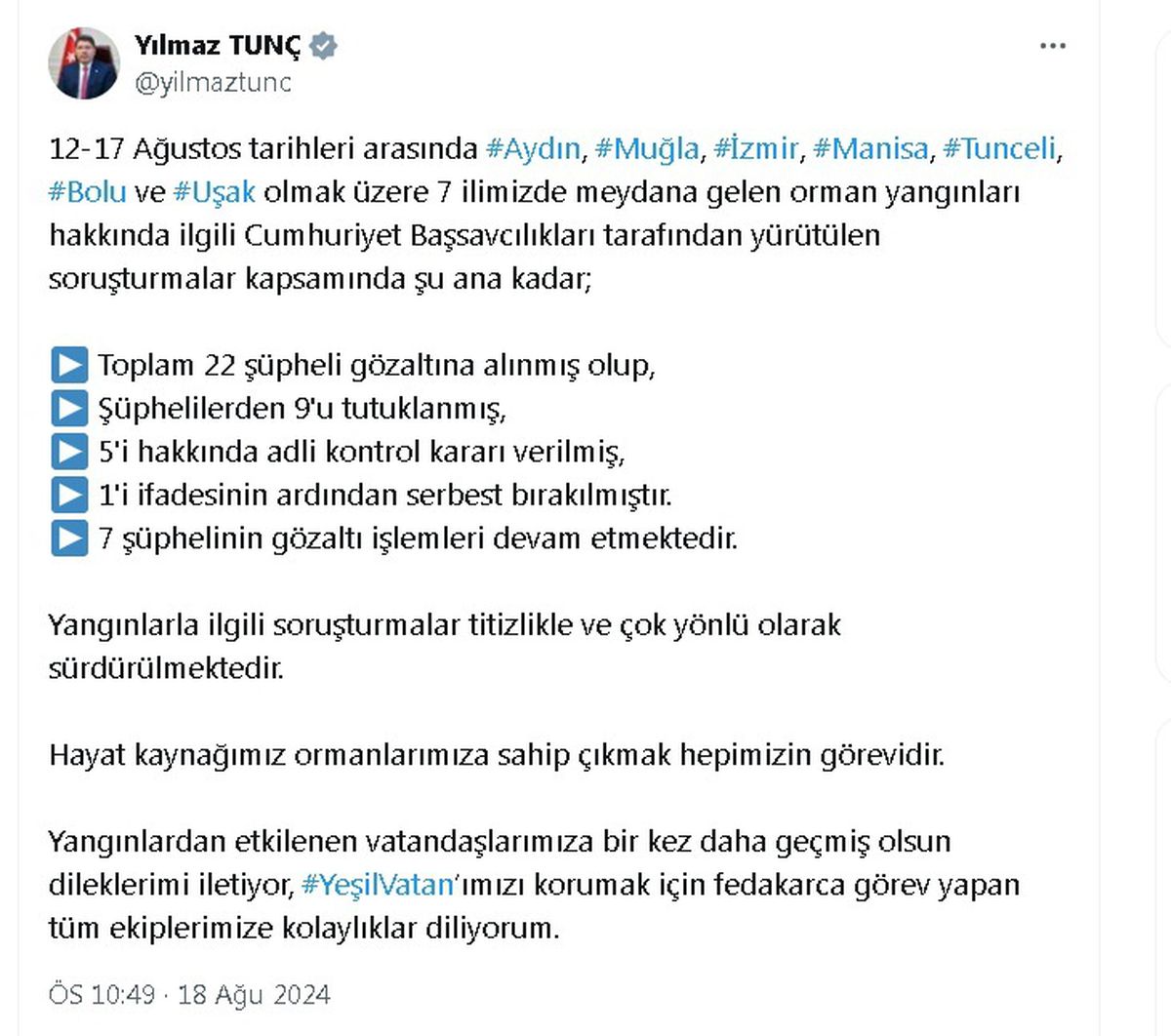 Orman Yangınlarıyla İlgili 22 Şüpheli Gözaltına Alındı