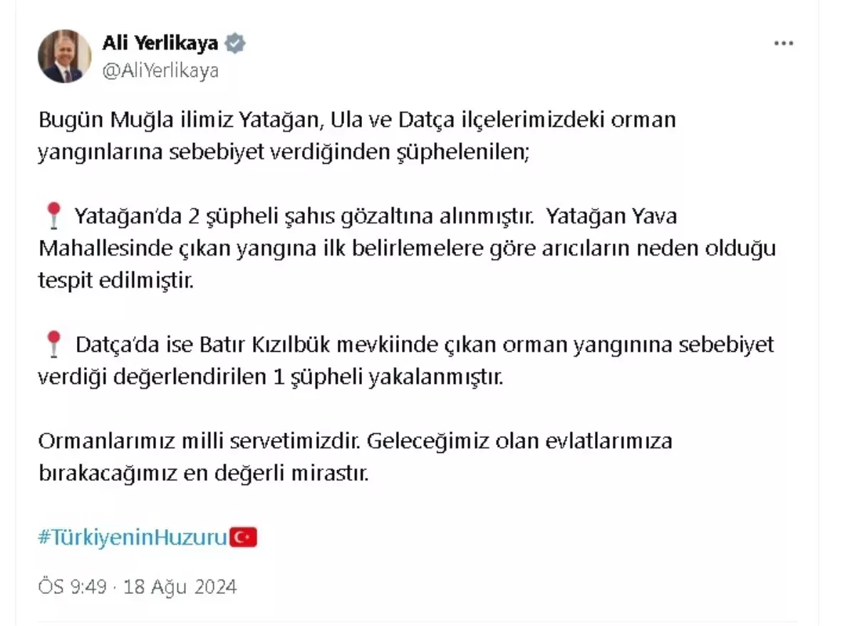 Muğla\'da çıkan orman yangınlarına sebebiyet veren şüpheliler yakalandı