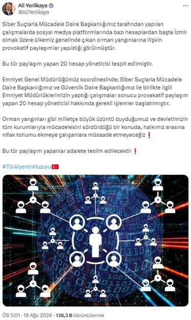 Orman yangınlarına provokatif paylaşım yapan 20 hesap hakkında işlem başlatıldı Orman yangınlarına provokatif paylaşım yapan 20 hesap hakkında işlem başlatıldı