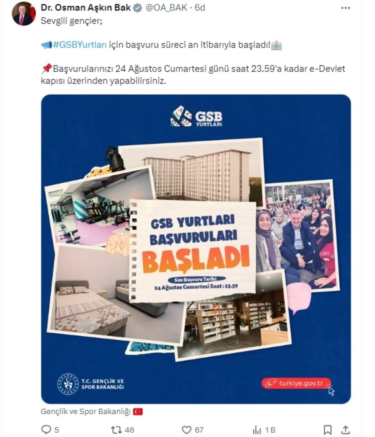 Gençlik ve Spor Bakanlığı\'na Yurt Başvuruları Başladı