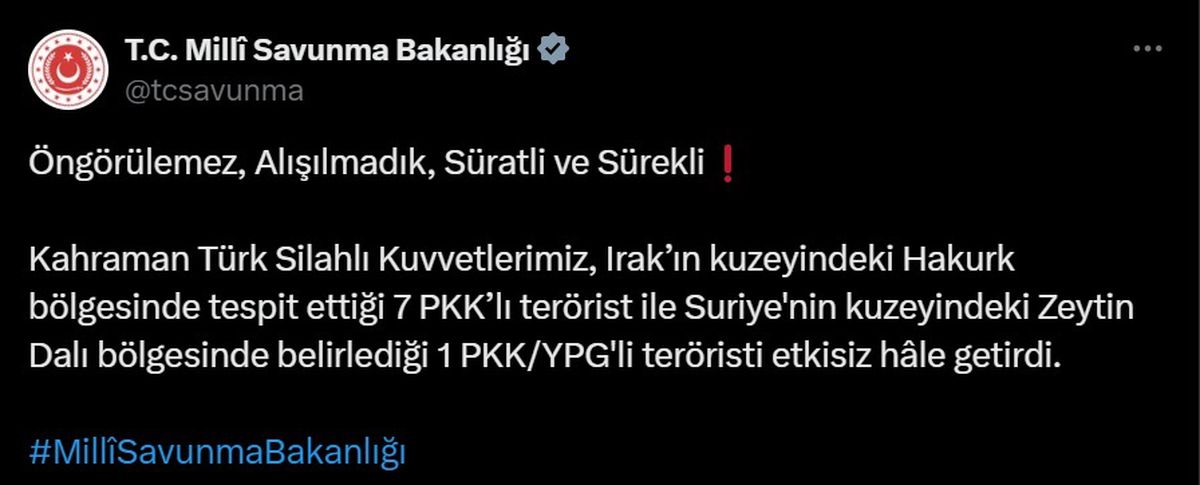 MSB\'den Irak ve Suriye\'de 8 terörist etkisiz hale getirildi
