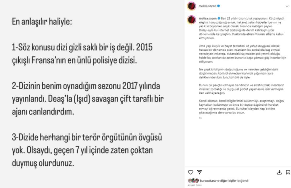 Dizide PYD'li teröristi oynadığı için tepki çeken Melisa Sözen, eleştirilere sessiz kalmadı