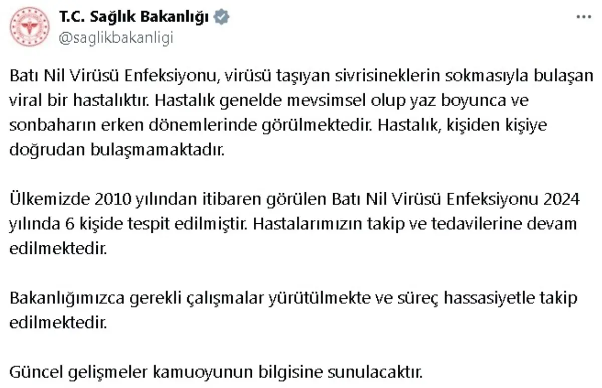 Batı Nil Virüsü Enfeksiyonu Türkiye\'de 6 Kişide Tespit Edildi