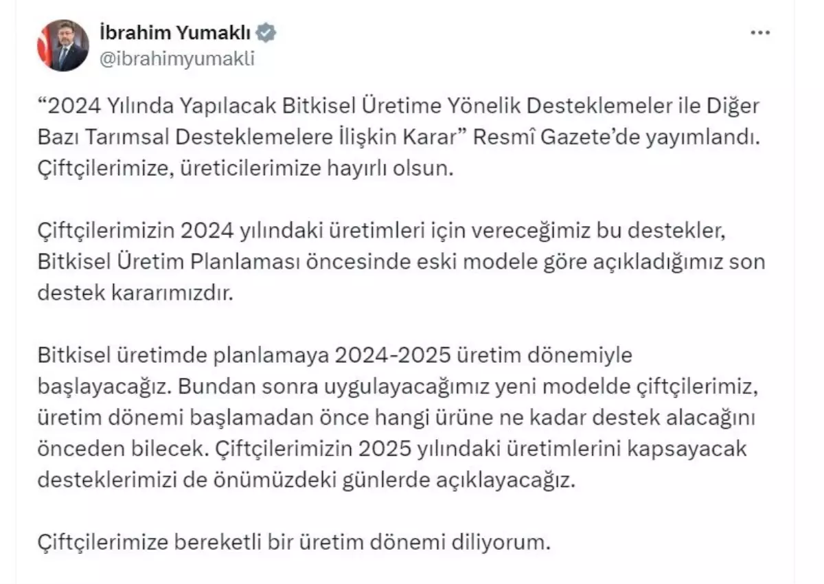 2024 Yılında Yapılacak Bitkisel Üretime Yönelik Desteklemeler Açıklandı