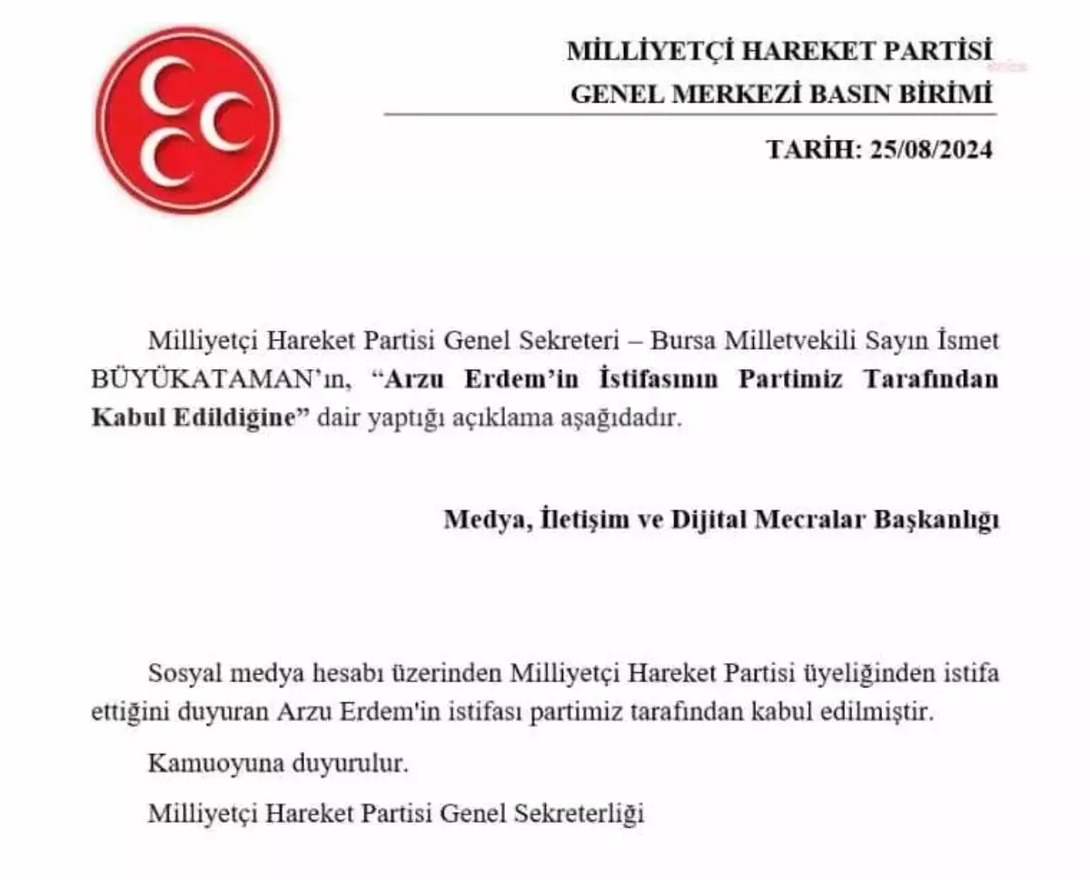 MHP Milletvekili Arzu Erdem\'in istifası kabul edildi