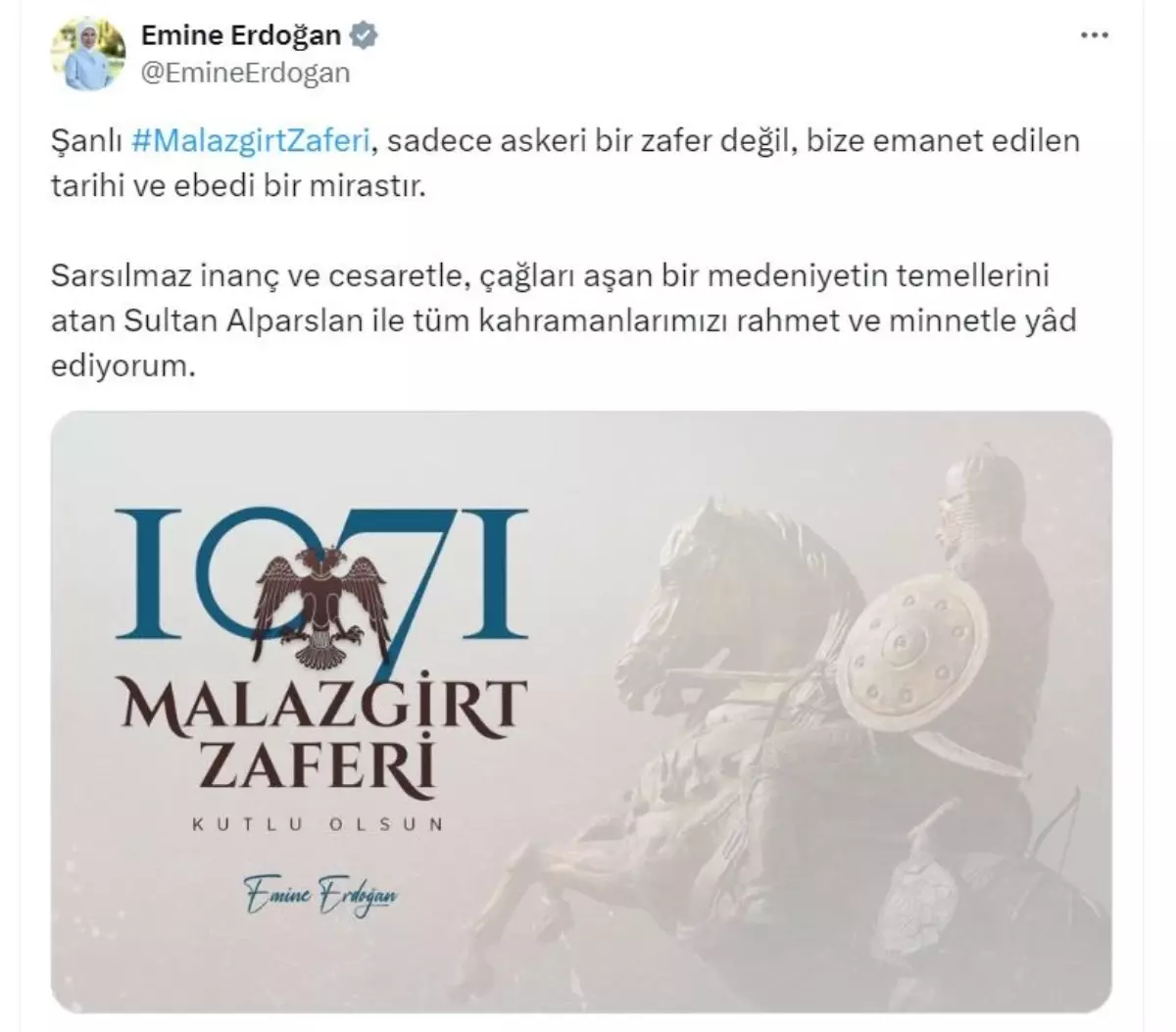 Emine Erdoğan, Malazgirt Zaferi\'nin 953. yıl dönümünü kutladı