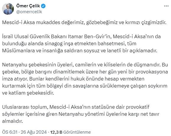 Ömer Çelik: Mescid-i Aksa mukaddes değerimizdir