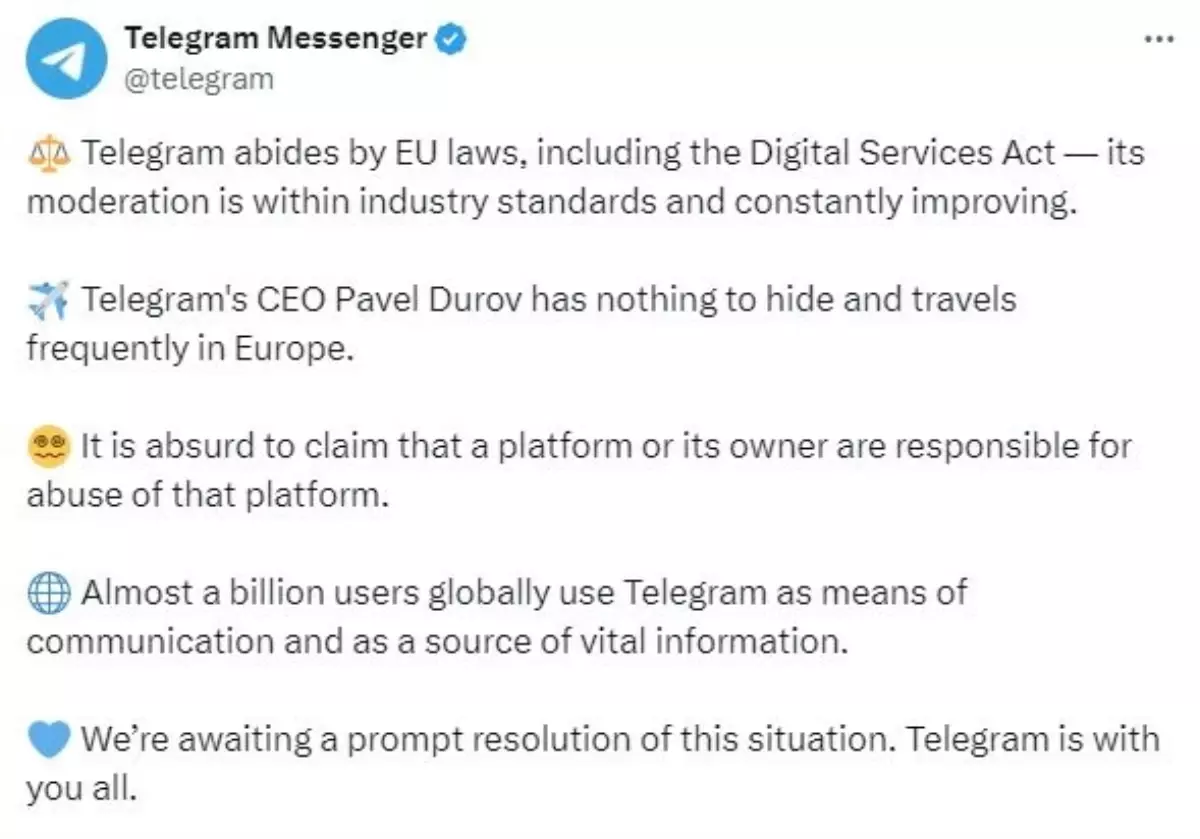 Telegram CEO\'su Pavel Durov\'un gözaltına alınmasıyla ilgili açıklama