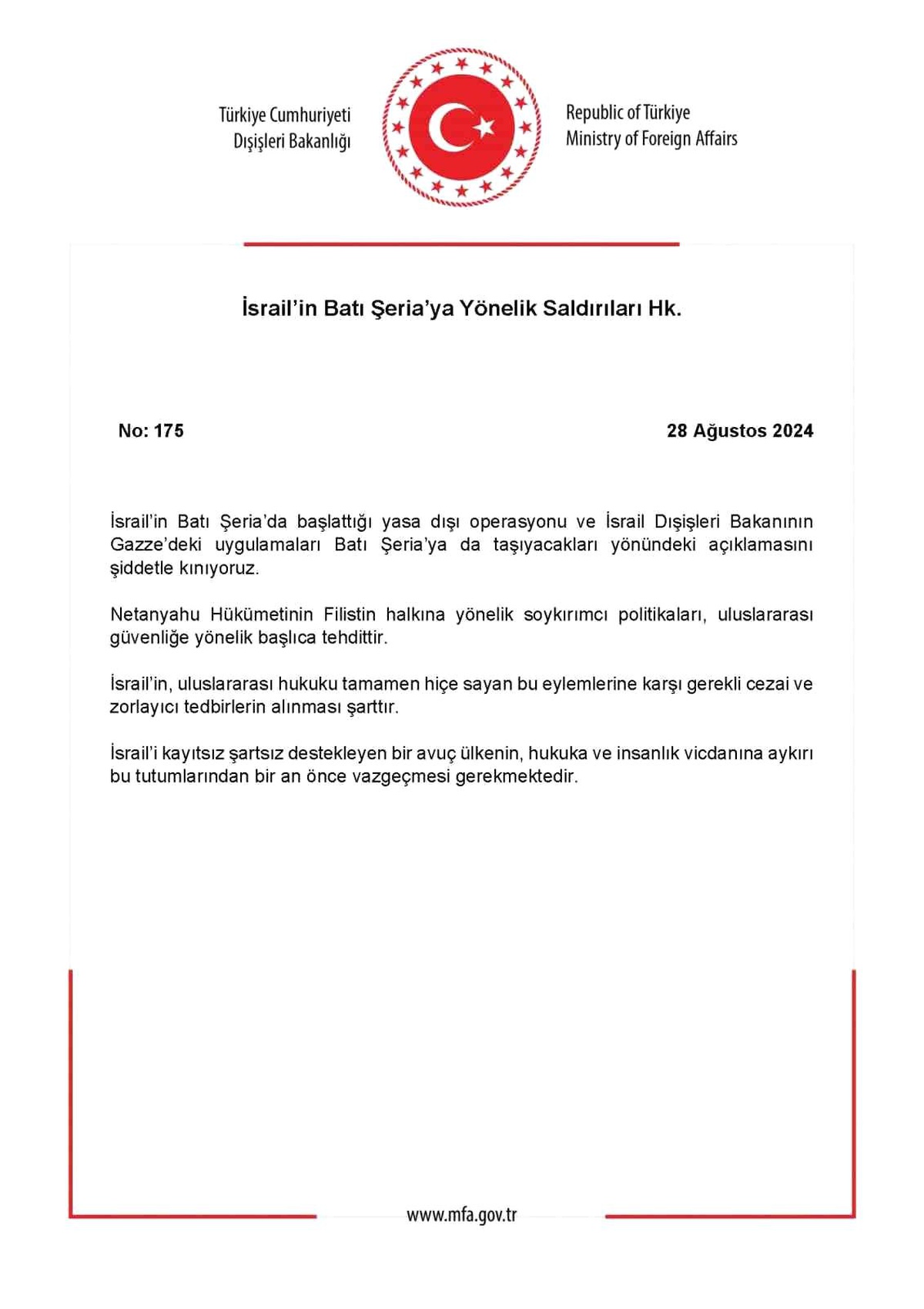 Dışişleri Bakanlığı İsrail\'in Batı Şeria\'daki Operasyonunu Kınadı