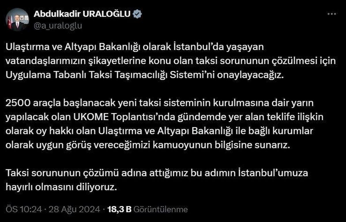 İstanbul\'da Uygulama Tabanlı Taksi Taşımacılığı Sistemi Onaylanacak