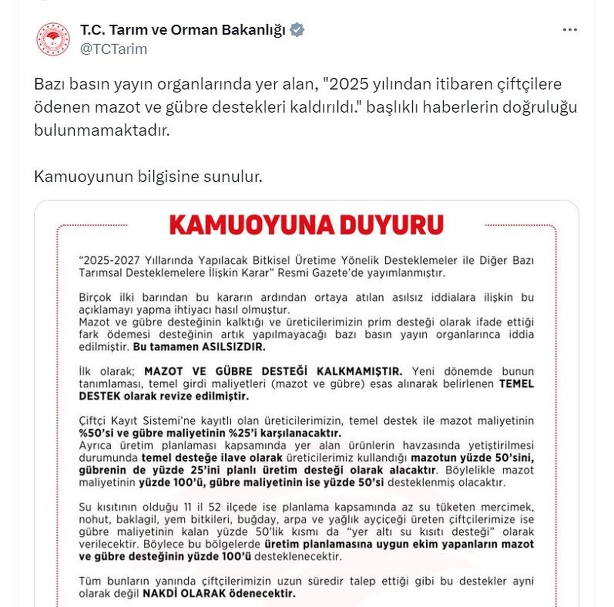 Tarım ve Orman Bakanlığı: Mazot ve gübre desteği kalkmamıştır