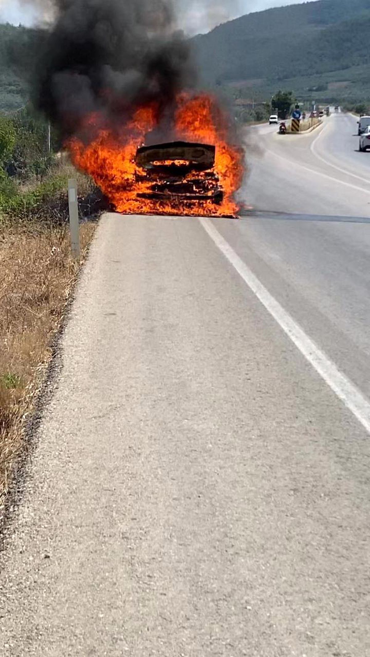 İznik\'te Yolun Ortasında Otomobil Alev Alev Yandı