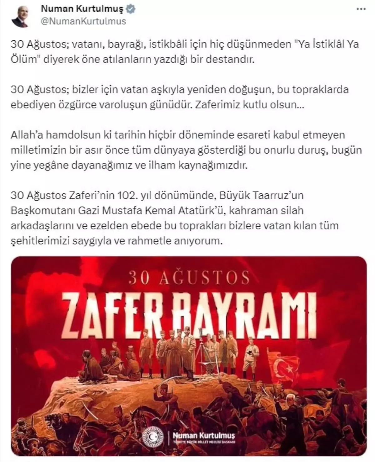 TBMM Başkanı Numan Kurtulmuş, 30 Ağustos Zafer Bayramı\'nı kutladı