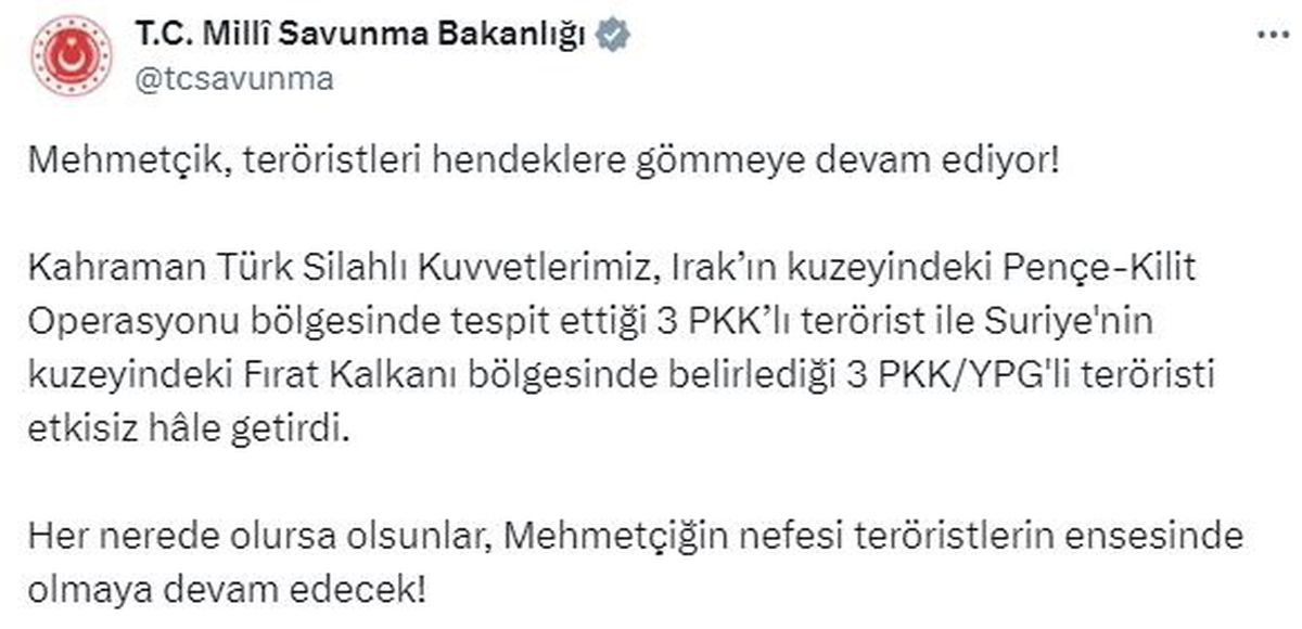 MSB: Irak ve Suriye\'de 6 terörist etkisiz hale getirildi