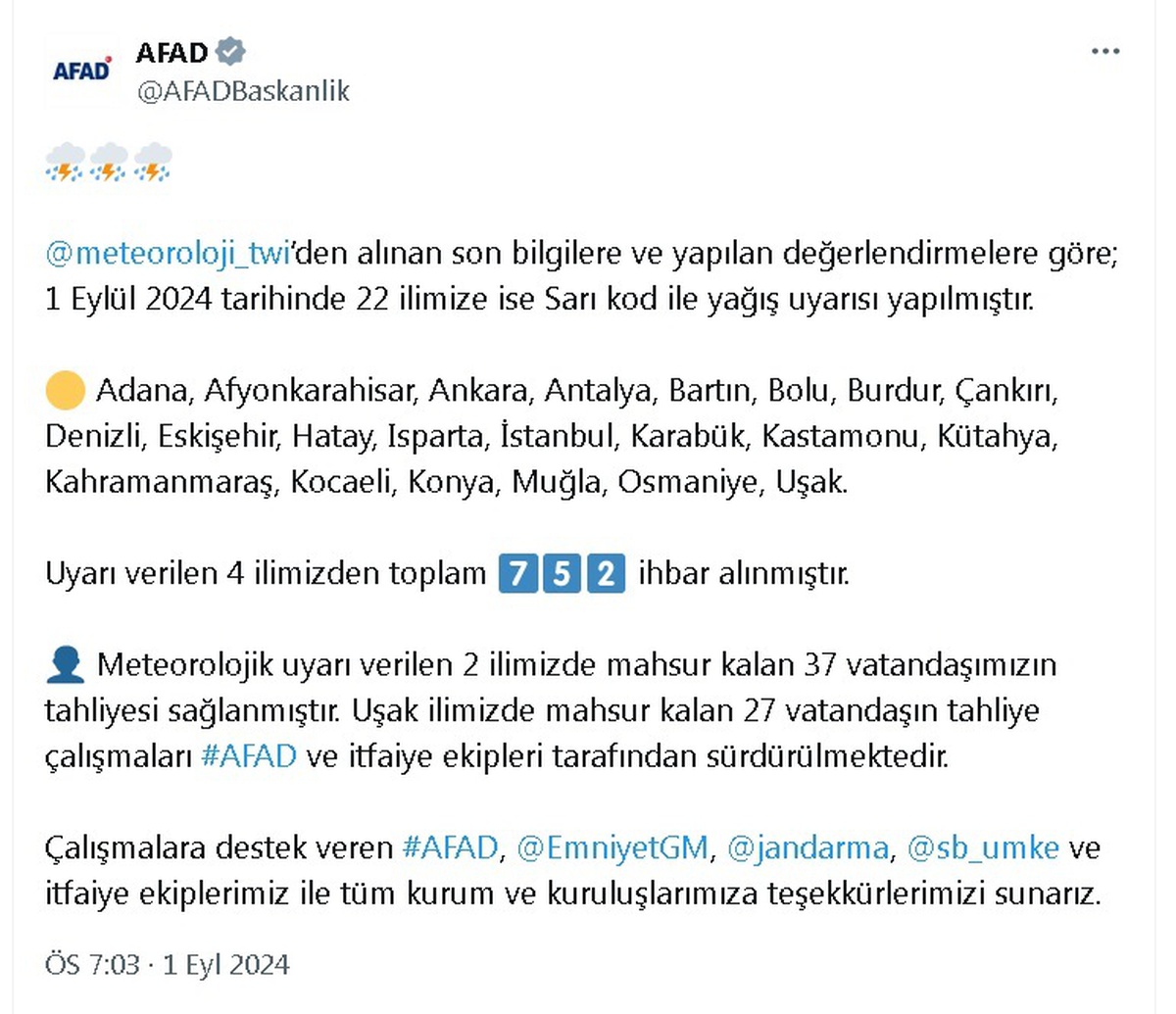22 Kentte Sarı Kodlu Yağış Uyarısı
