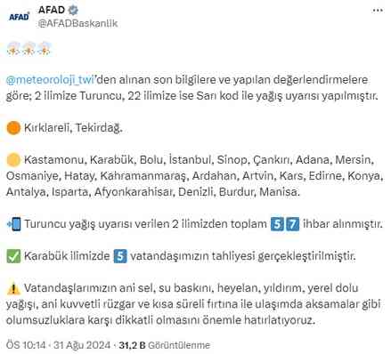 Yağışlı hava ülkeyi terk etmiyor! 22 ile sarı, 2 ile turuncu uyarı