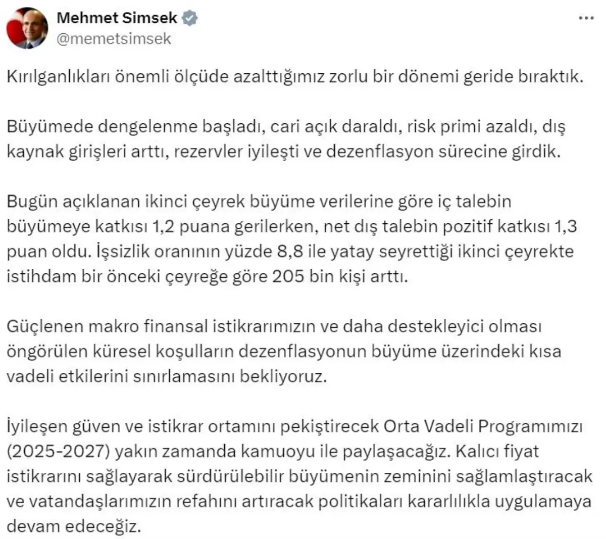 Hazine ve Maliye Bakanı Mehmet Şimşek\'ten Ekonomi Açıklaması