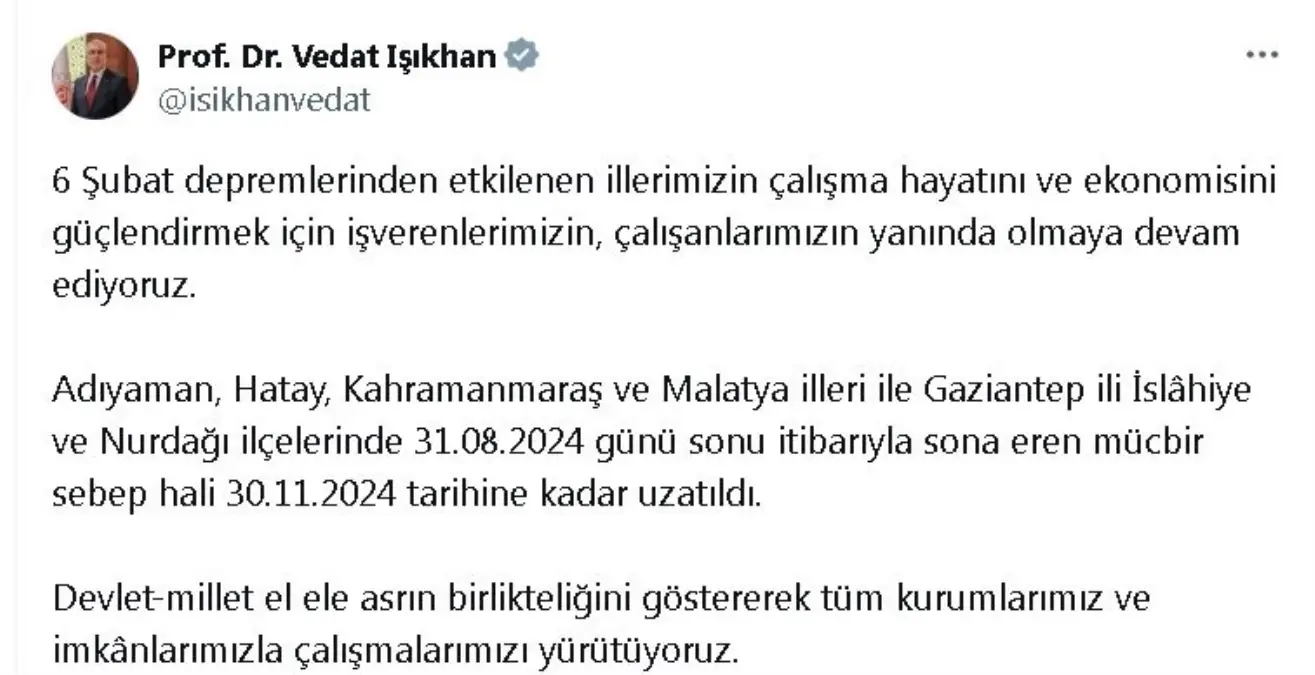 Deprem Bölgesindeki Mücbir Sebep Hali Süresi Uzatıldı