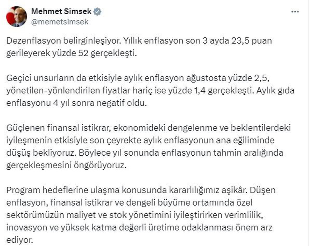 Şimşek: Son çeyrekte enflasyonda düşüş bekliyoruz