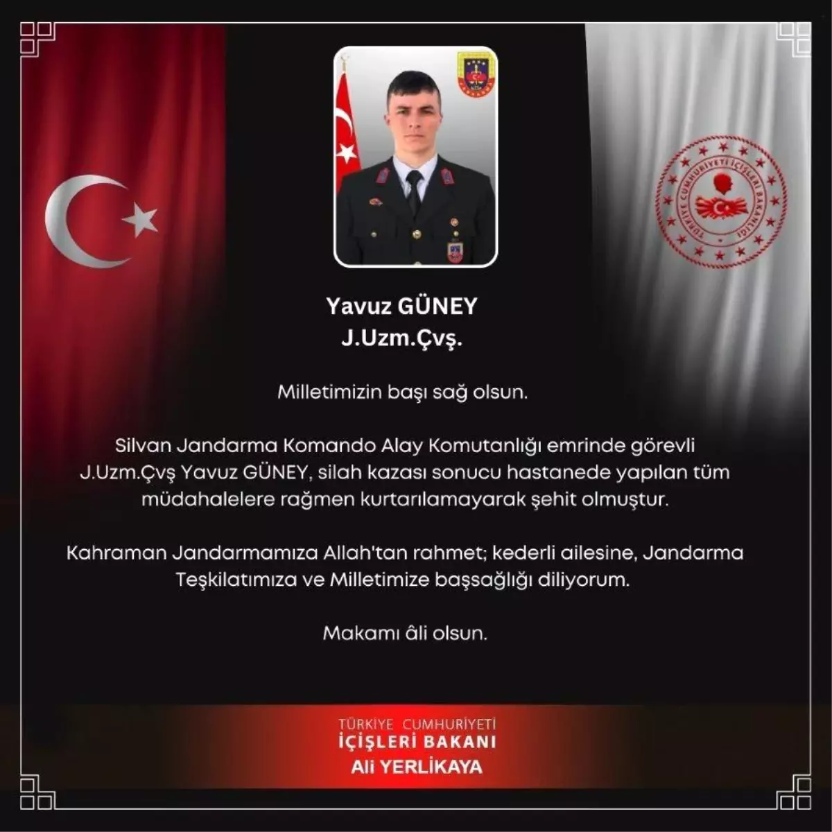 Silah Kazası Sonucu Jandarma Uzman Çavuş Yavuz Güney Şehit Oldu