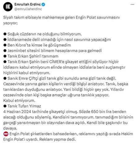 Duruşmada ifade veren Engin Polat'ın sözleri hakimi sinirlendirdi: Reklam yapma