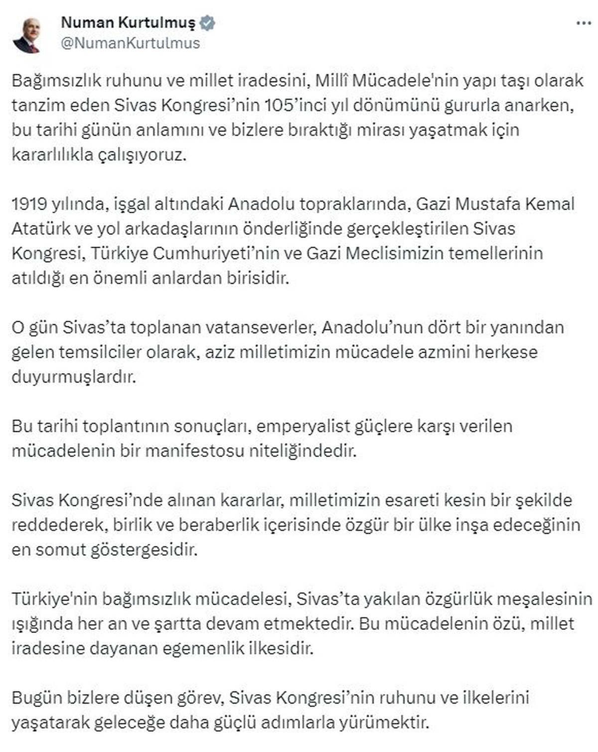 TBMM Başkanı Kurtulmuş\'tan Sivas Kongresi\'nin 105. Yıl Dönümüne Anma Mesajı