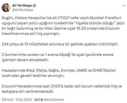 Hindistan-Almanya seferini yapan uçakta korku dolu anlar! Bomba ihbarı nedeniyle Erzurum'a iniş yaptı