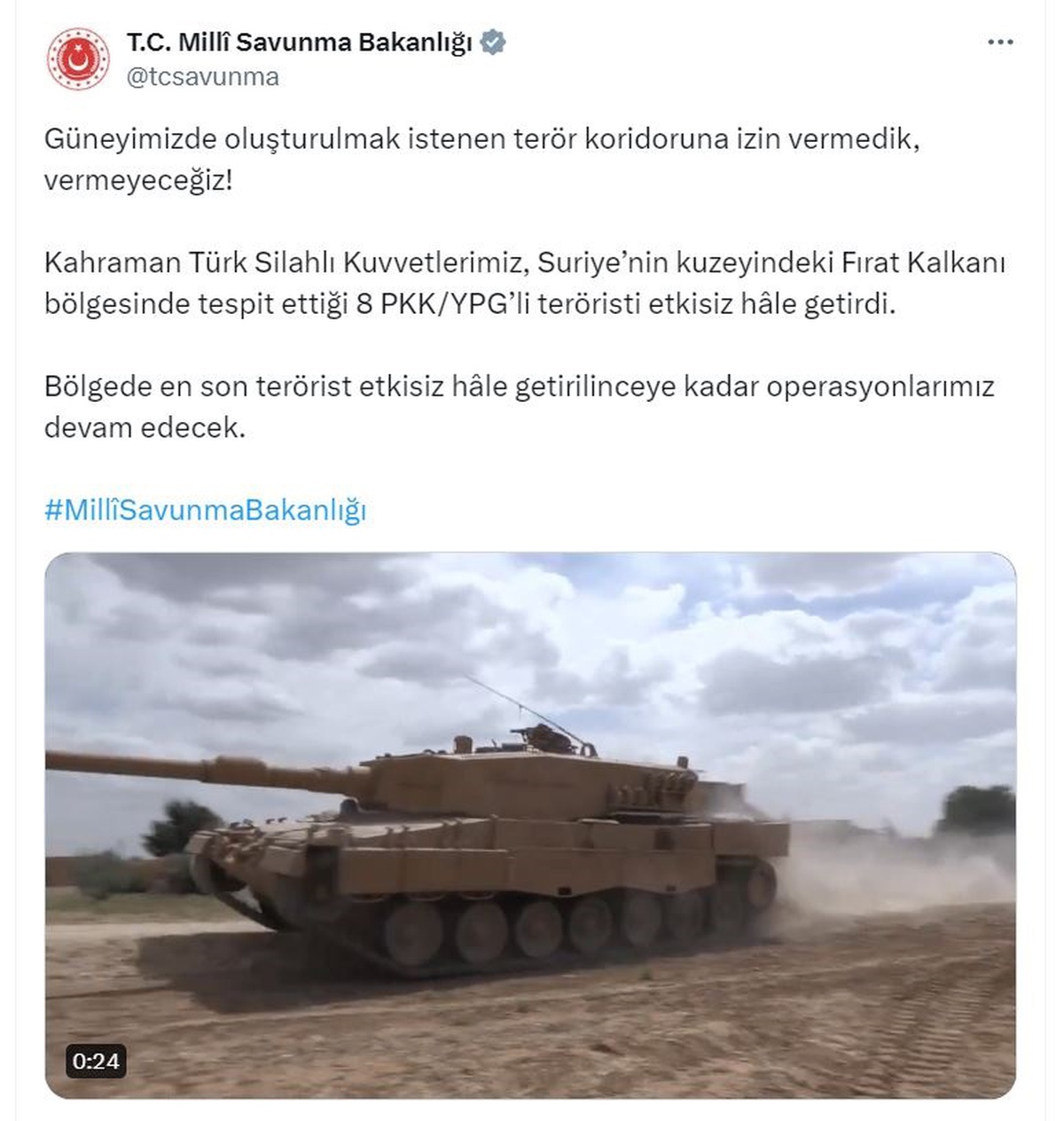 Fırat Kalkanı\'nda 8 PKK/YPG\'li Terörist Etkisiz Hale Getirildi