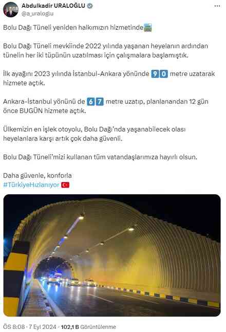 Bolu Dağı Tüneli, Ankara-İstanbul istikameti hizmete açıldı Bolu Dağı Tüneli, Ankara-İstanbul istikameti hizmete açıldı