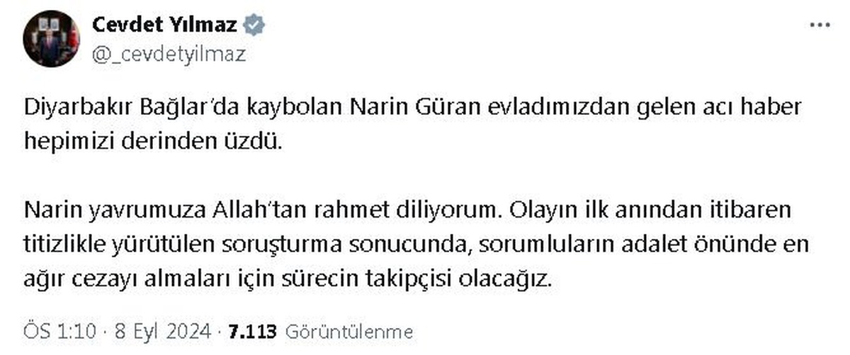 Cevdet Yılmaz Narin Güran İçin Adalet Sözü Verdi