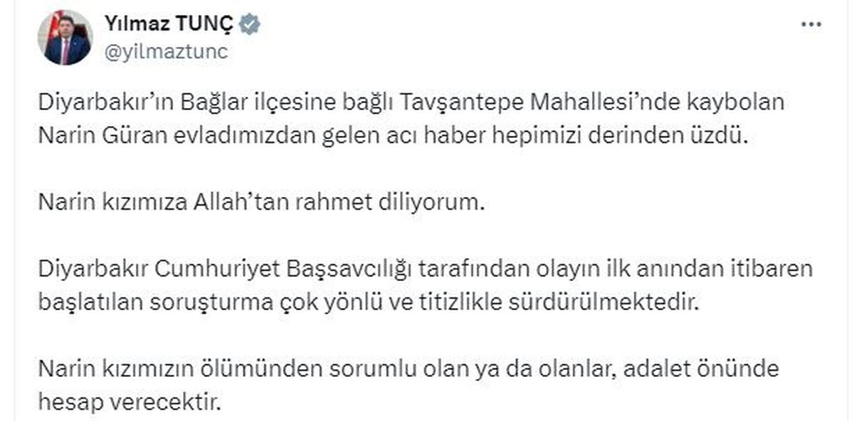 Adalet Bakanı\'ndan Narin Güran Açıklaması