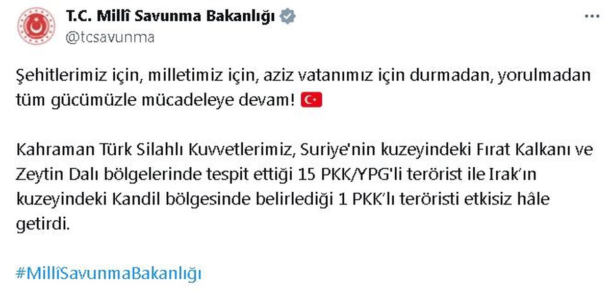 Bakanlık: 16 Terörist Etkisiz Hale Getirildi