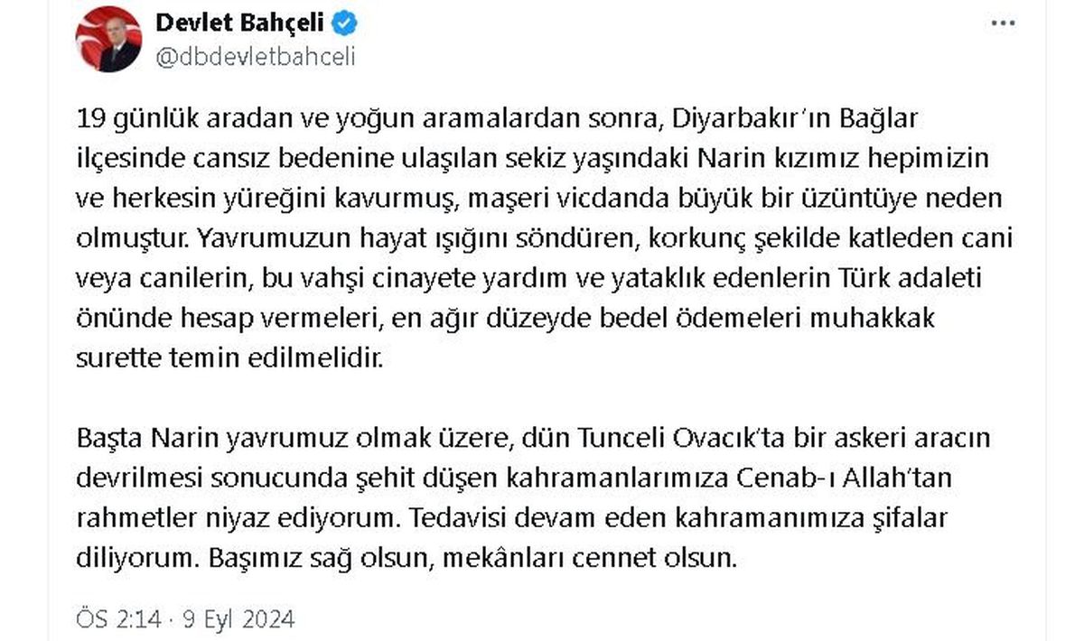 Bahçeli\'den Narin Güran cinayeti mesajı