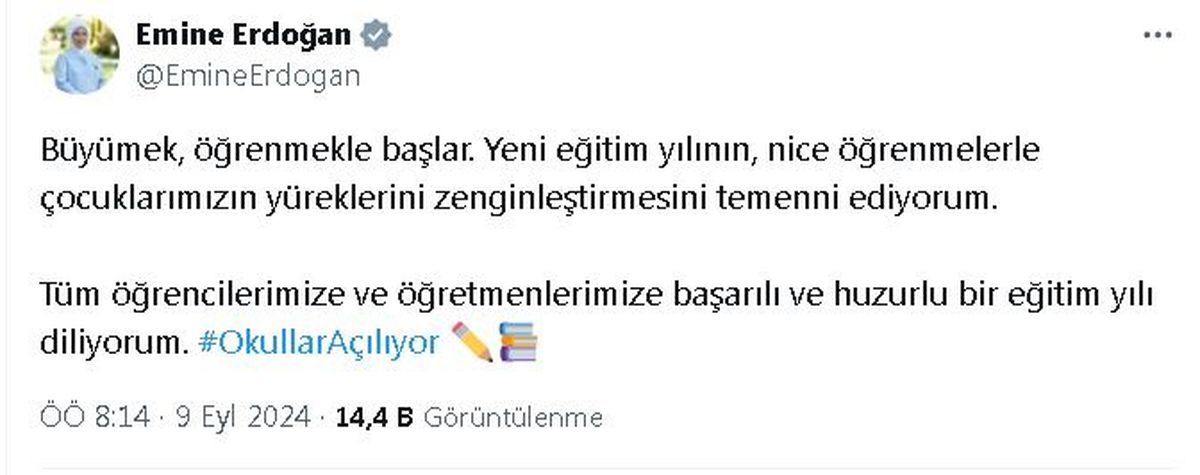 Emine Erdoğan\'dan Eğitim Yılı Mesajı