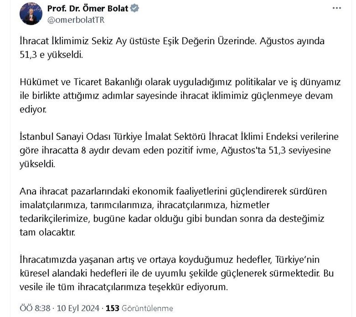 İhracat İklimi Endeksi 51.3 Seviyesine Yükseldi