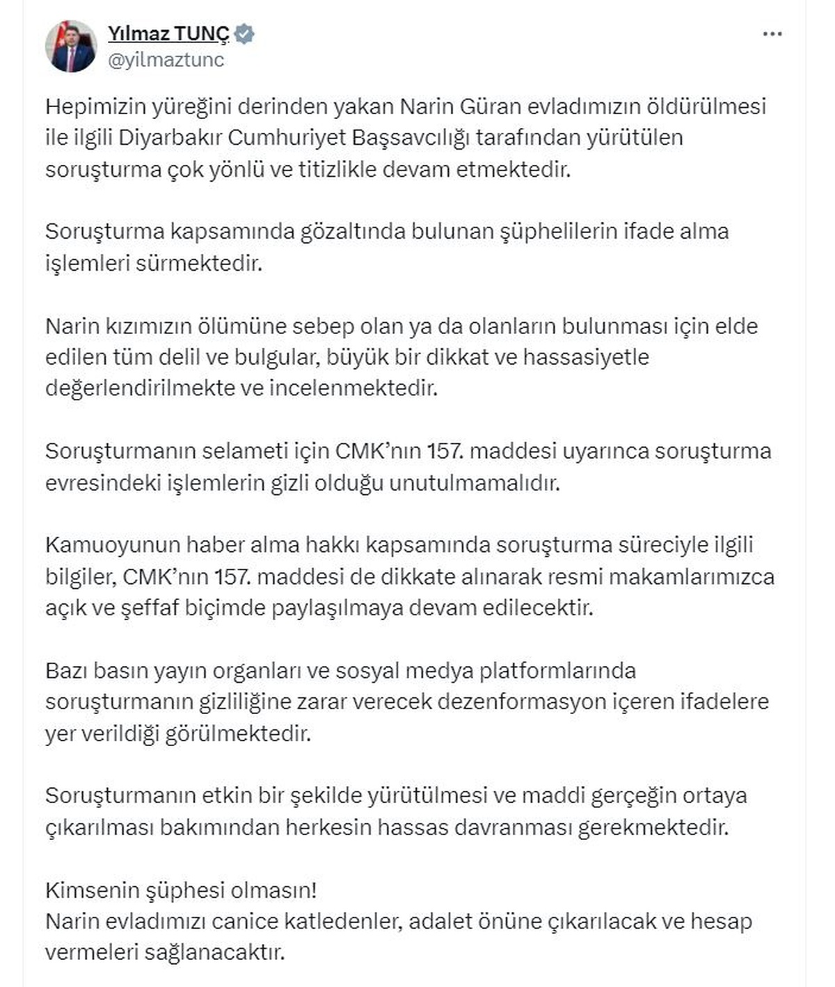 Bakan Tunç\'tan Narin Güran Cinayeti Açıklaması