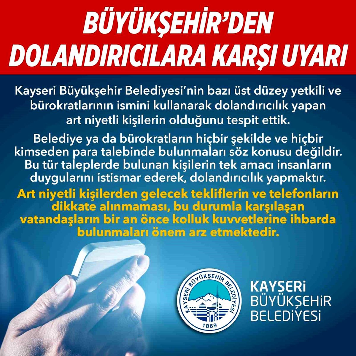 Kayseri Büyükşehir Belediyesi Dolandırıcılık Uyarısı