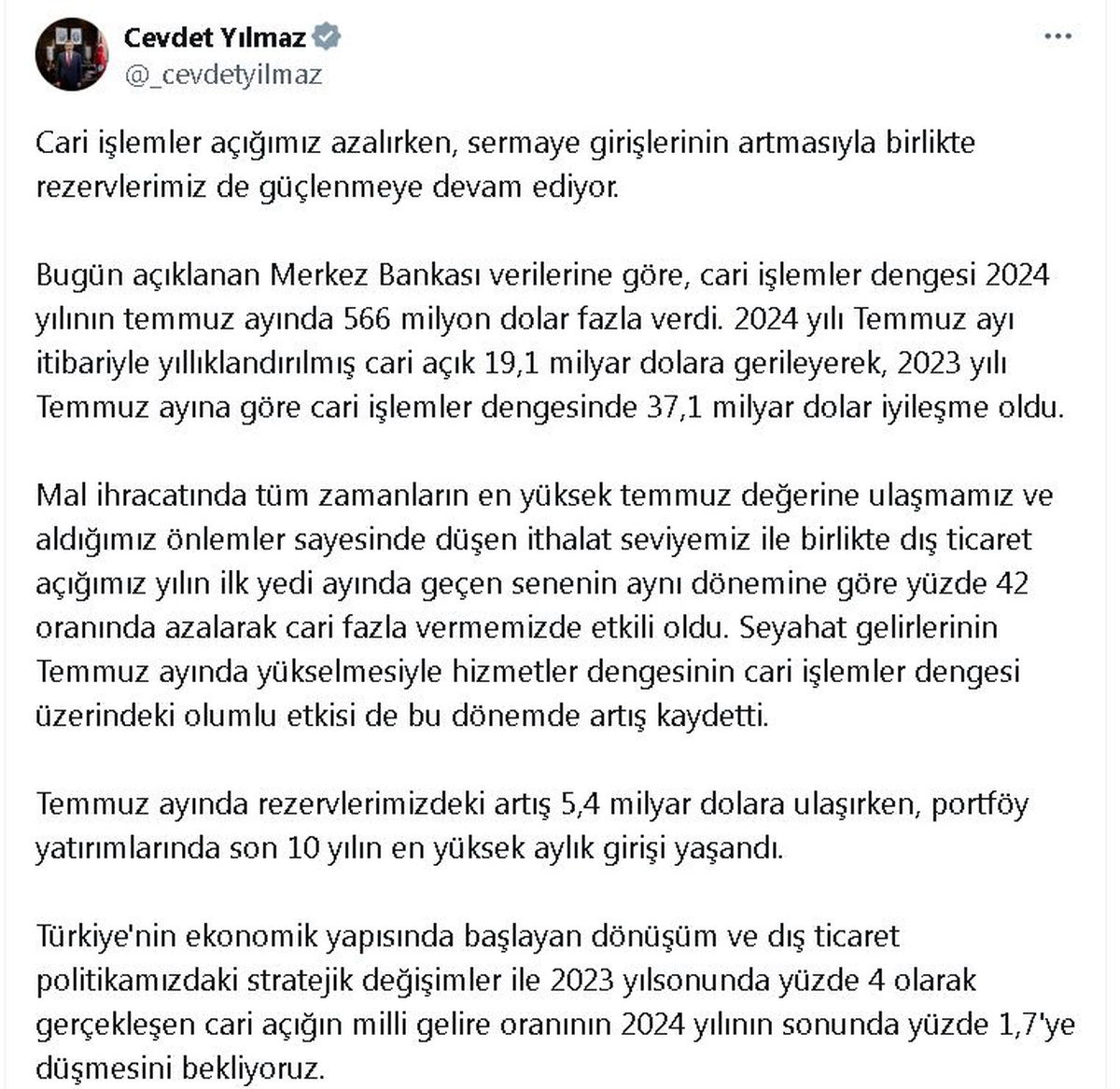 Cari Açık Düşüyor, Rezervler Artıyor