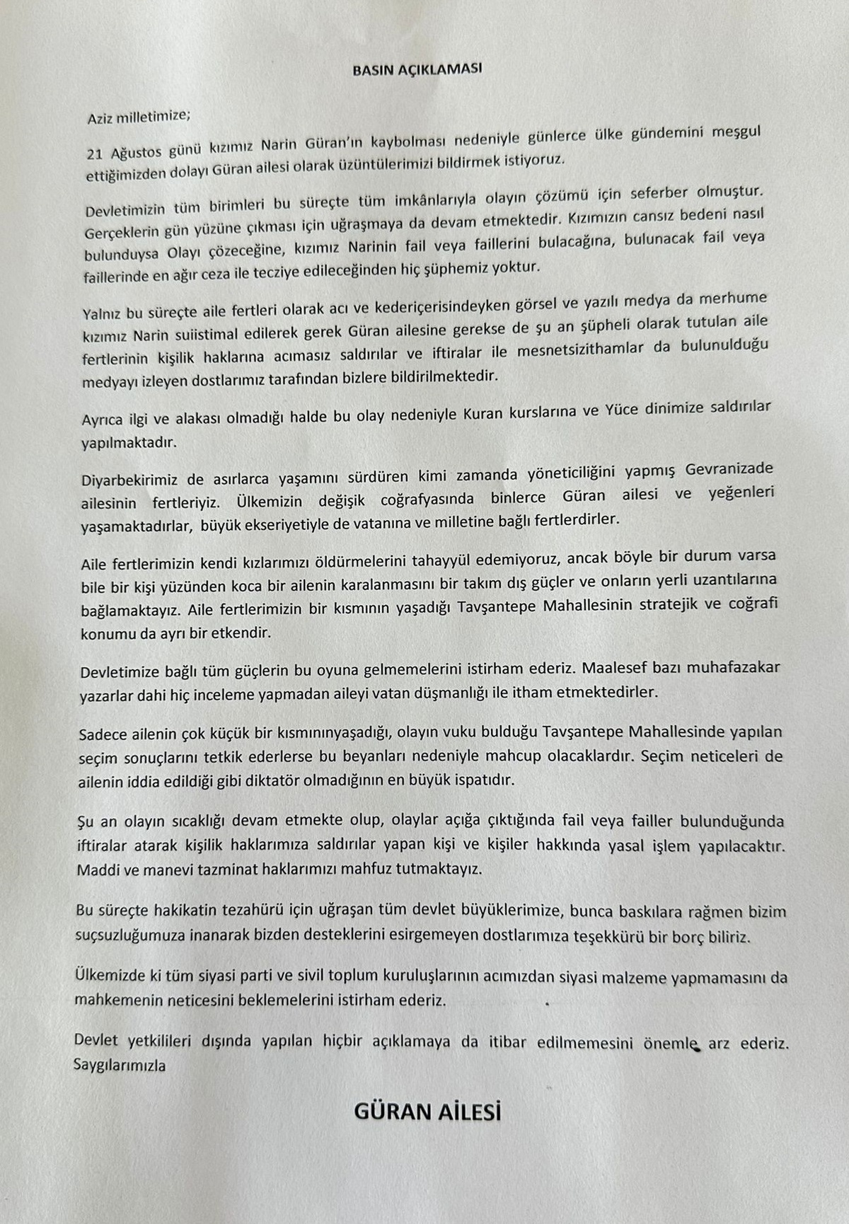 Güran Ailesi: Fail veya failler en ağır ceza ile tecziye edilecek