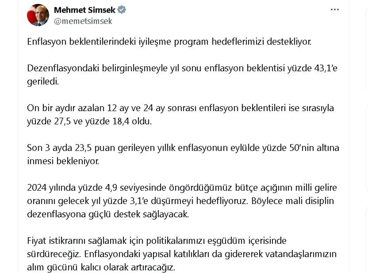 Şimşek: Dezenflasyonla enflasyon beklentisi düştü