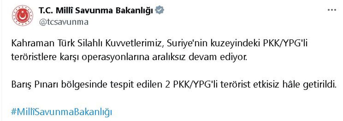 Suriye\'de 2 PKK/YPG\'li Terörist Etkisiz Hale Getirildi