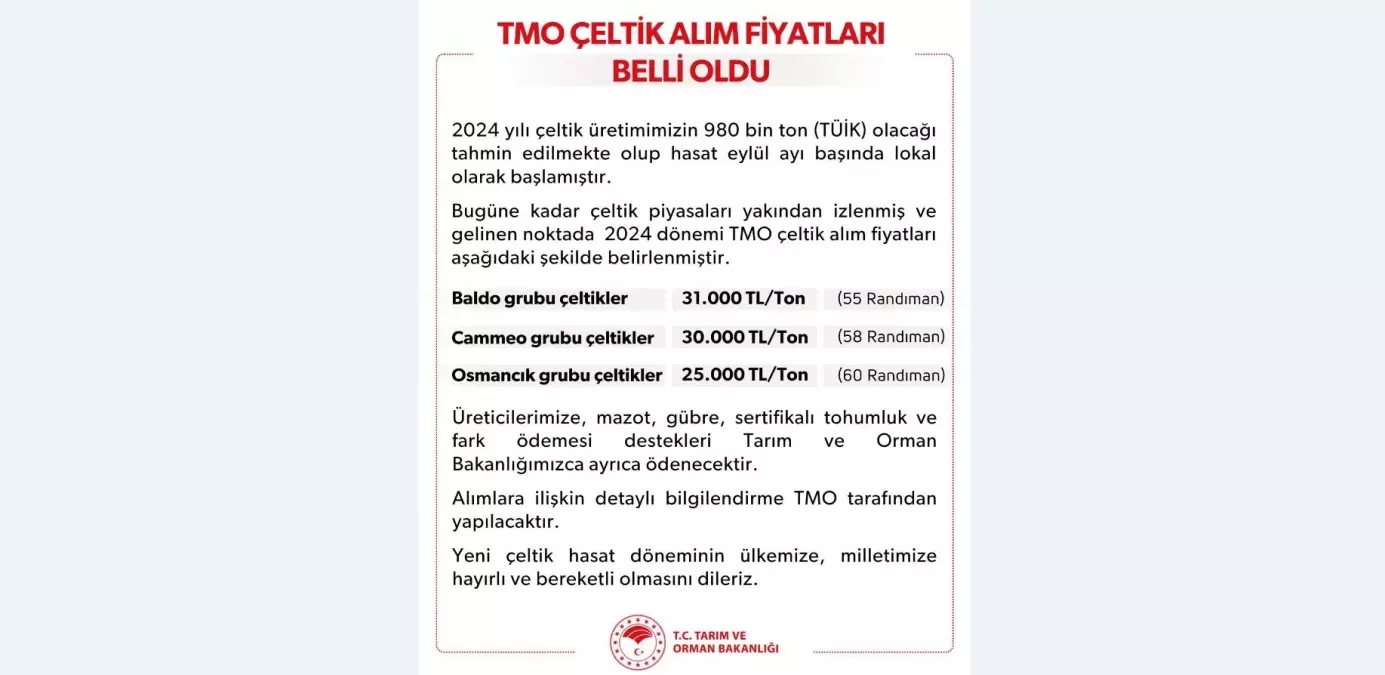 2024 Çeltik Alım Fiyatları Belirlendi