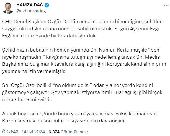 AK Partili Dağ'dan Özgür Özel: 'Ne oldum delisi' edasıyla her yerde kendini göstermeye çalışıyor