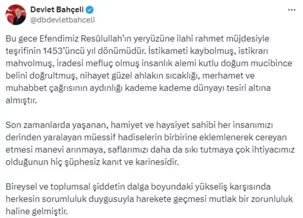 Bahçeli\'den Mevlit Kandili Mesajı