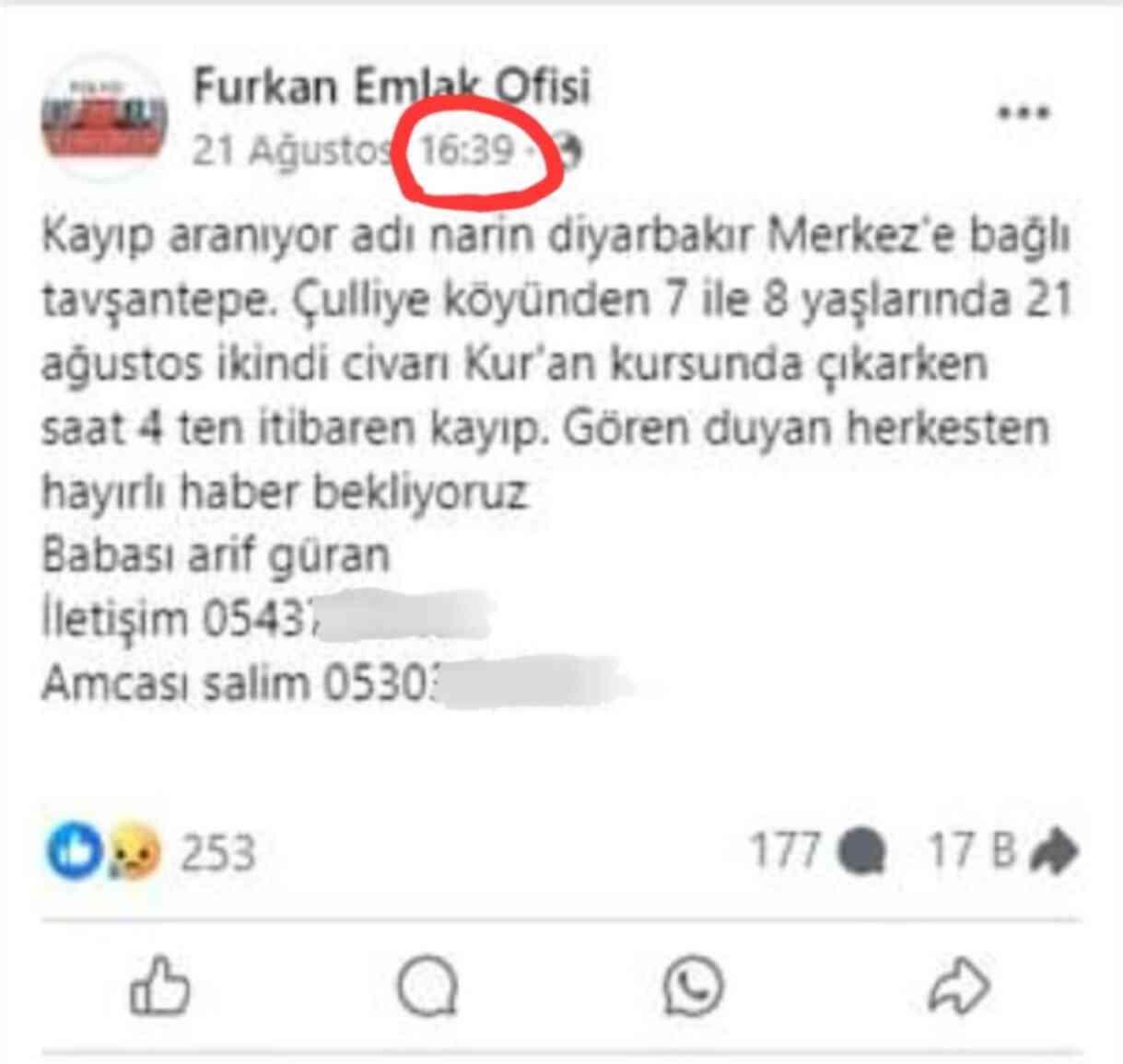 Narin'in kaybolduğu gün paylaşılmış! Aileden kimse bu mesaja açıklık getiremiyor