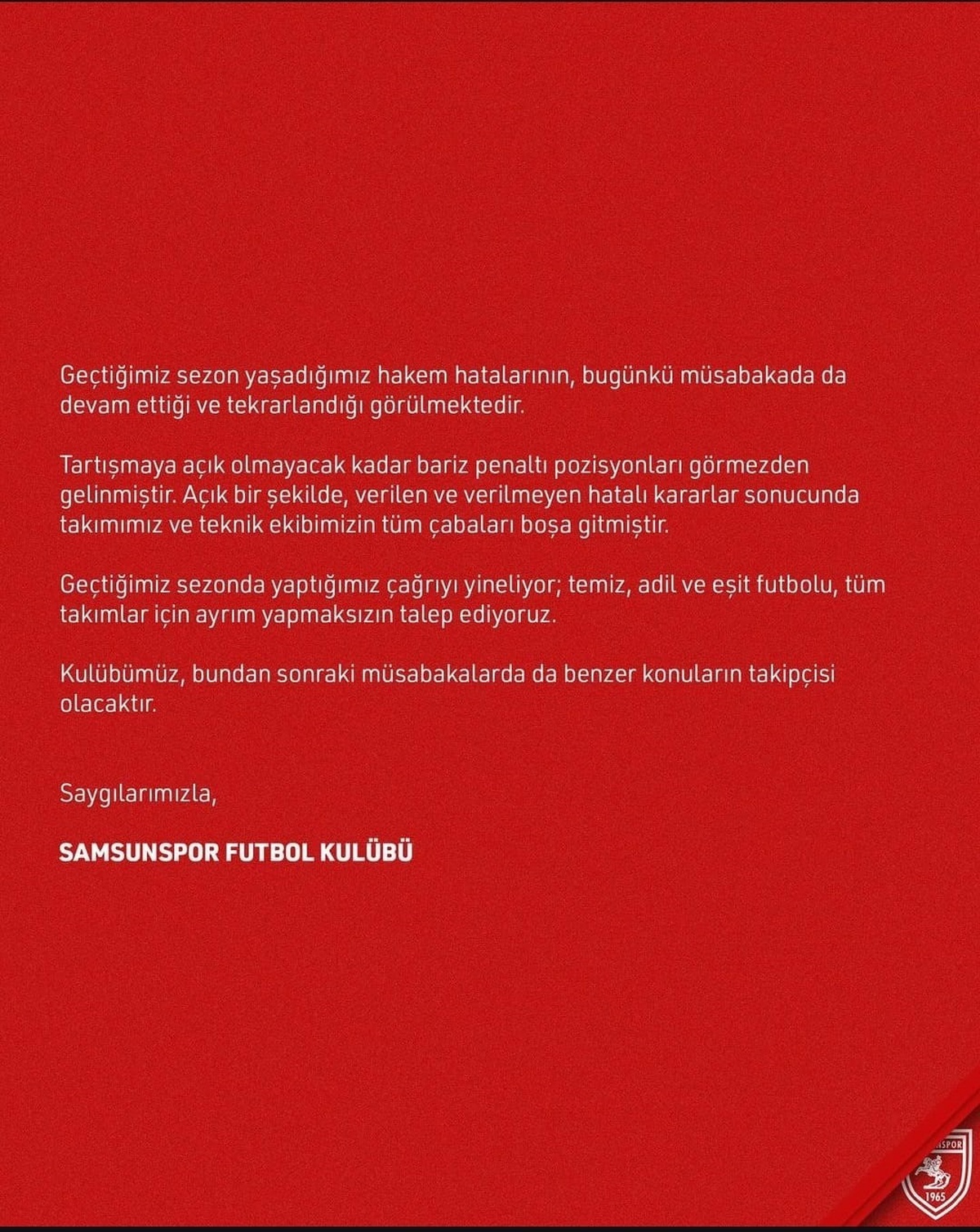 Samsunspor\'dan Hakem Hatalarına Tepki