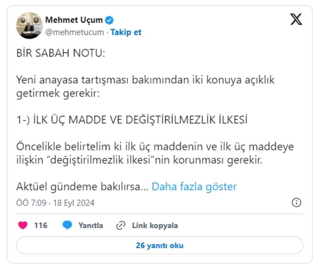 Cumhurbaşkanı Başdanışmanı Uçum, Anayasa'nın 4. Maddesinin Kaldırılmasına Karşı Çıktı