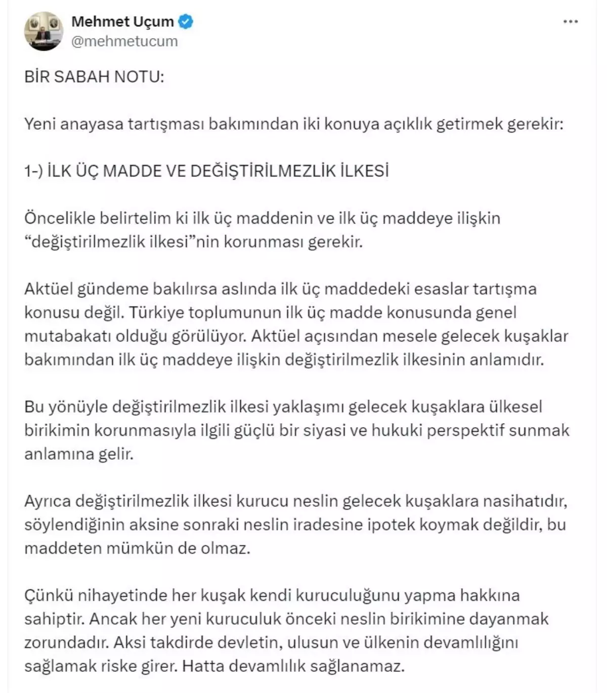 Yeni Anayasa Tartışmasında Değiştirilmezlik Vurgusu