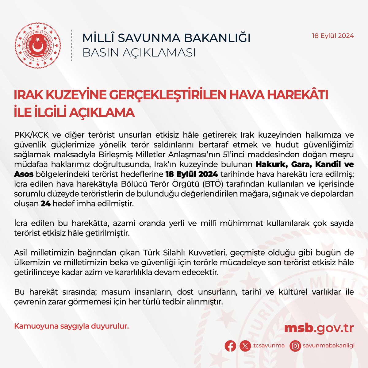 Irak\'ta Hava Harekatı: 24 Terör Hedefi İmha Edildi